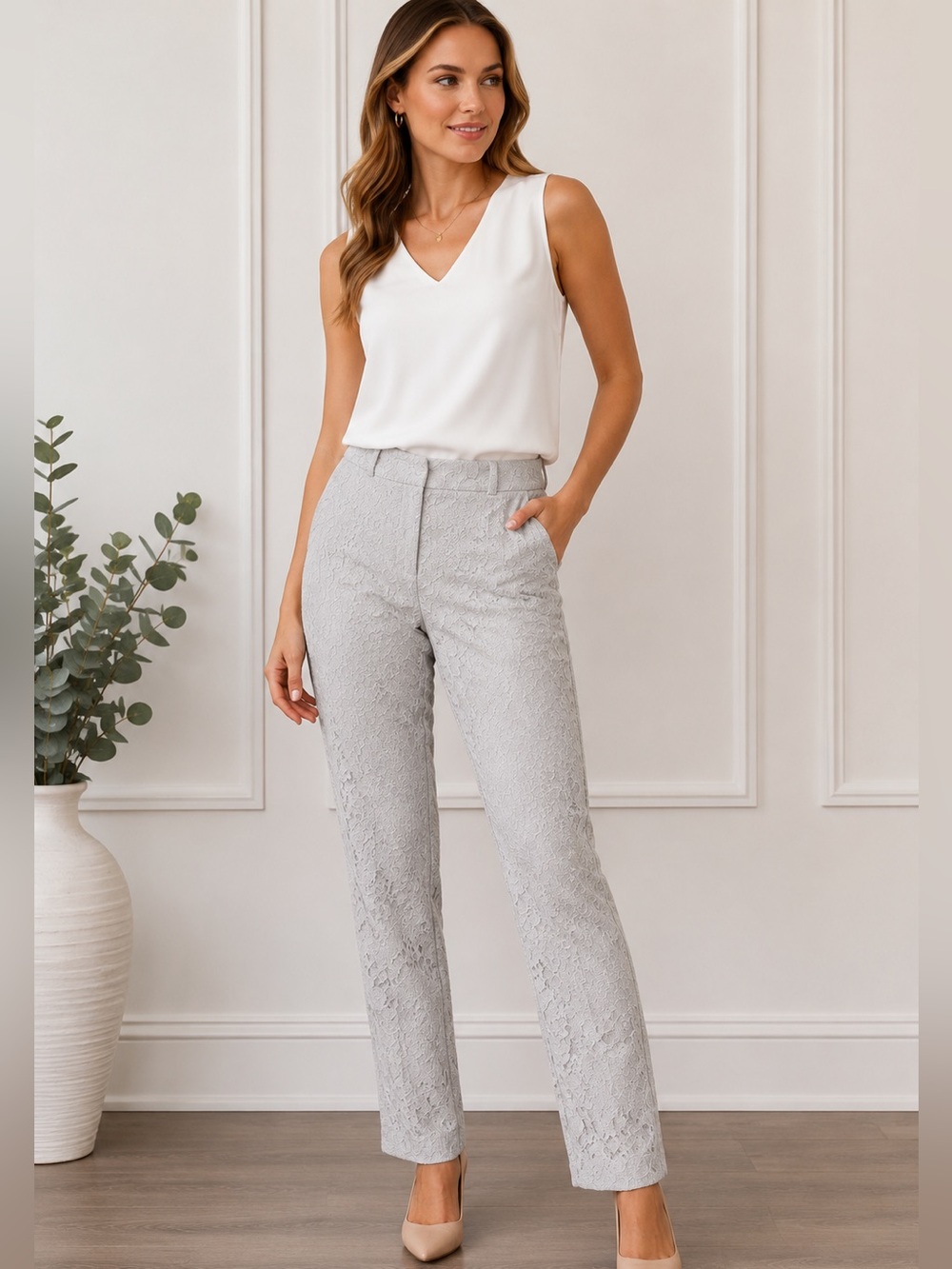 Saint Tropez West Lace Overlay Straight Leg Pants Size 4 Gray Career Office
